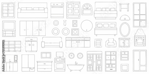 Collection of hand drawn line art furniture and home decor elements for interior design and architectural visualization
