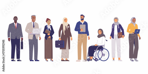 Diverse group of professionals including people of different ethnicities ages genders and abilities standing together