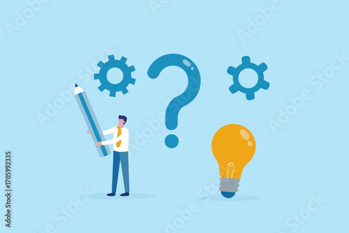 Man with pencil and question mark contemplating idea lightbulb and gears for problem solving and innovation