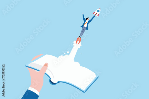 Businessman riding a rocket launched from an open book symbolizing knowledge and success