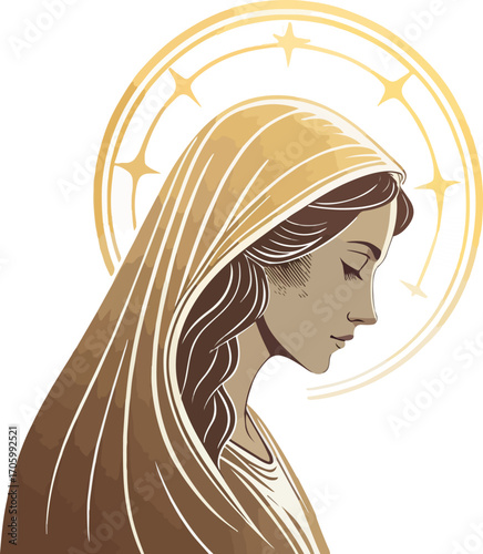 Profile view of the Virgin Mary wearing a gold mantle with a halo featuring stars, isolated on a white background for religious themes.
