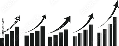 Business growth bar chart with upward arrows showing financial success and progress