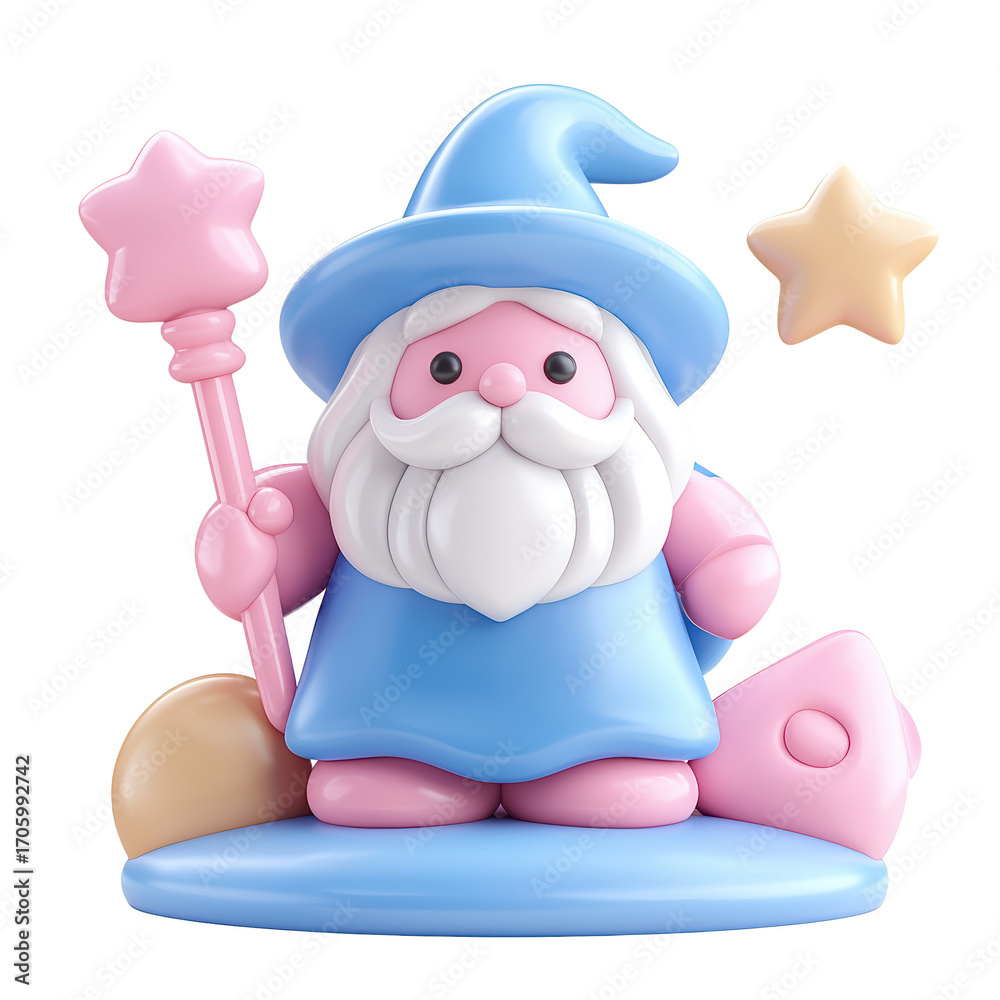 Fototapeta premium Cute cartoon wizard figurine with pastel colors and magical elements