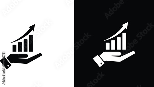 Business growth icon with hand holding bar chart and upward arrow, financial success, investment profit increase symbol