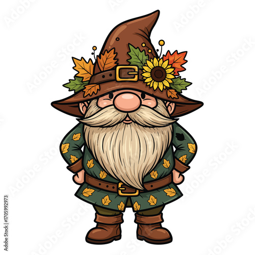 Festive autumn gnome cartoon character with a long white beard wearing a pointed hat decorated with fall leaves and a sunflower.