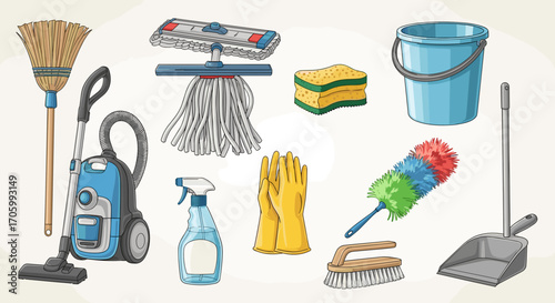 Illustration of various cleaning supplies including brooms mops sponges and cleaning solutions displayed