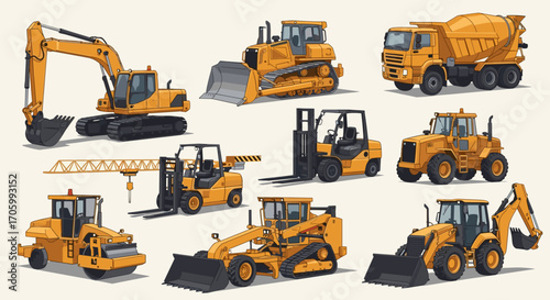 Collection of yellow construction vehicles including excavators bulldozers and forklifts shown together