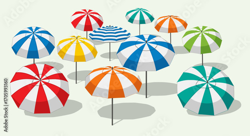 A collection of colorful striped beach umbrellas scattered on a light background creating a summer vibe
