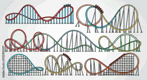 Illustration of multiple roller coaster designs with various loops and track configurations displayed