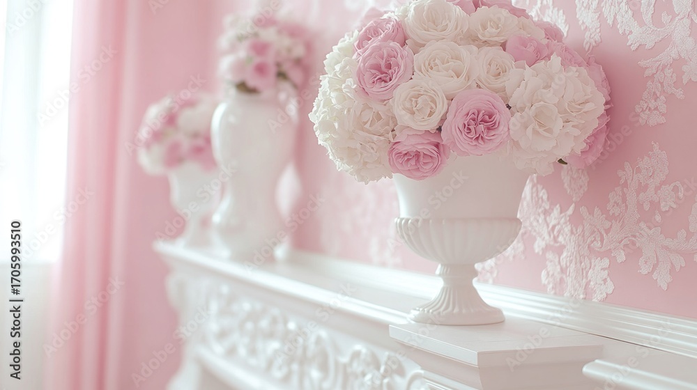 Obraz premium Pink floral arrangement on a white mantelpiece
