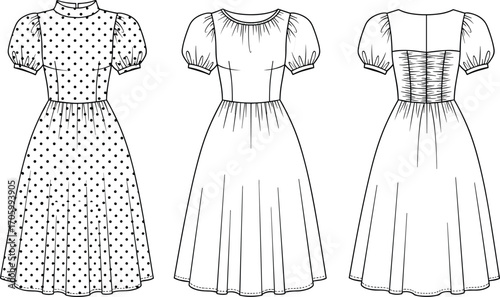Technical fashion vector of dress design with front, side, and back views showing puff sleeves, collar, ruching, and polka dots