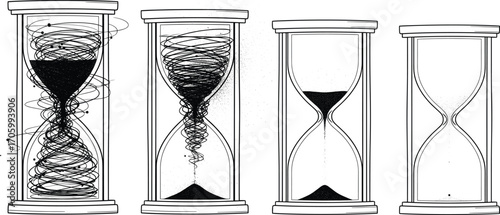 Conceptual hourglass vector set showing chaotic, vortex, smooth, and empty sand flow patterns for time hourglass vector set showing chaotic, vortex, smooth, and empty 