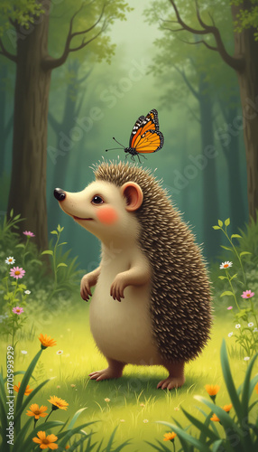 A hedgehog with a butterfly on its head stands in the middle of the forest.