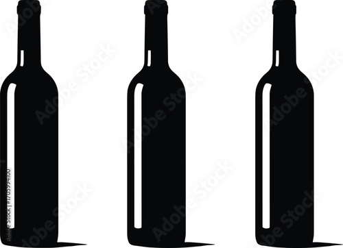 Three identical wine bottle silhouettes with long necks and rounded bodies, ideal for packaging, branding, bar design, and vector illustration