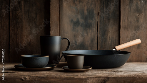 Rustic dark kitchenware and ceramic cups arranged on a weathered wooden surface