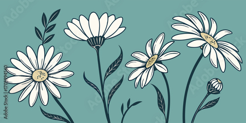 Whimsical Daisy Arrangement Decorative Floral Design Featuring White Petals on Teal Background Aesthetically Pleasing Nature Inspired Art