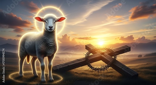 The Lamb of God a Symbol of Sacrifice and Resurrection at Sunrise.