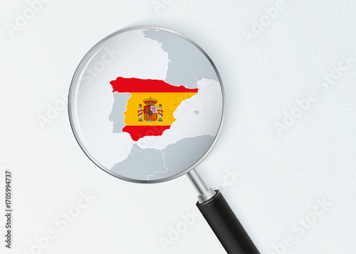 Spain Map Under Magnifying Glass with National Flag Overlay.