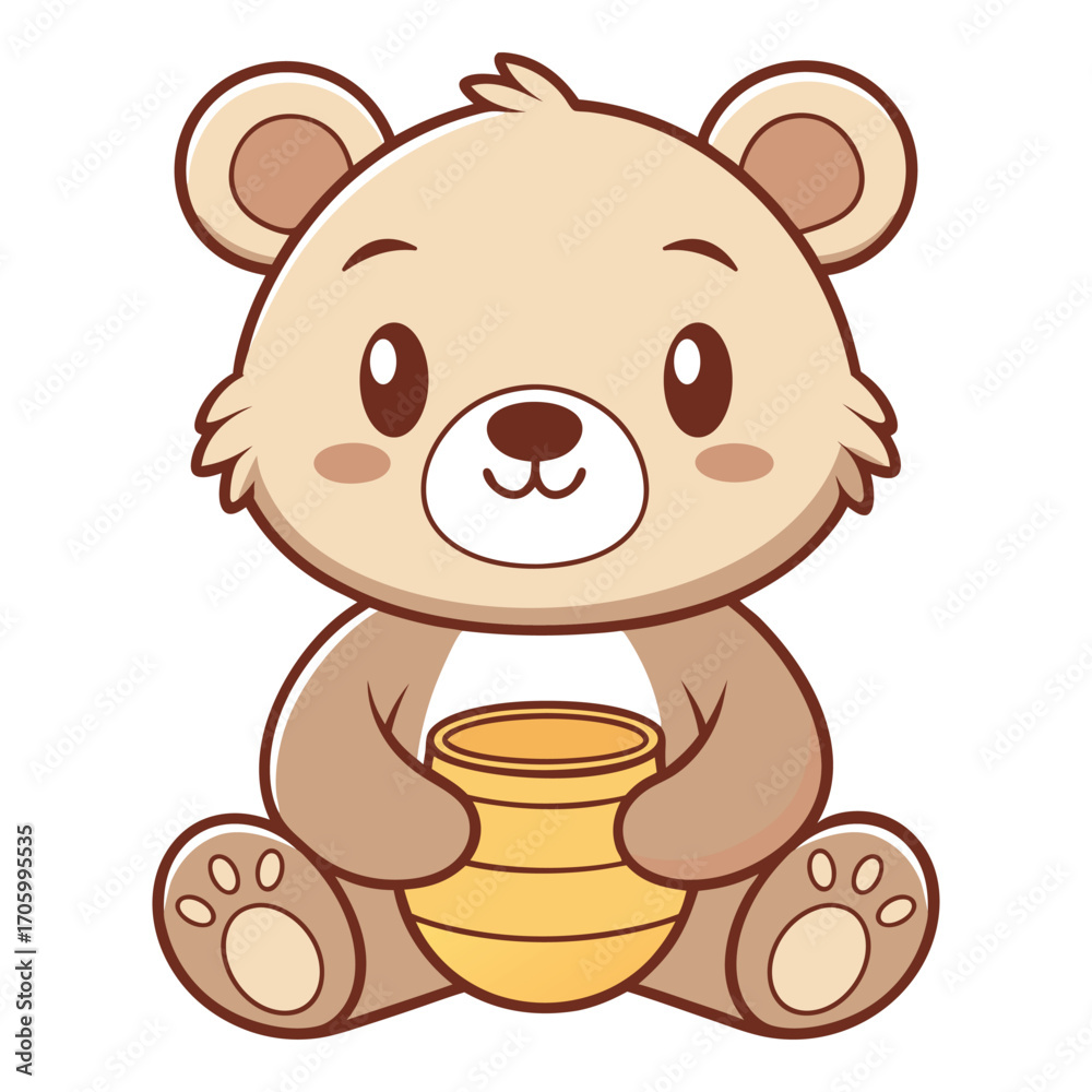 Obraz premium Cute cartoon bear with honey pot on white background