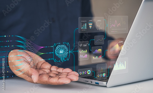 AI data analytics dashboard, business data insights, AI-powered data analysis dashboard, business strategy, Analyst or Scientist uses a computer and dashboard for analysis of information development
