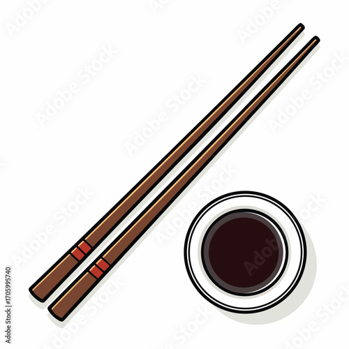 Chopsticks and soy sauce dish on white background