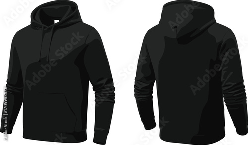 Hooded sweatshirt technical vector illustration showing front and back views with drawstring hood, kangaroo pocket, and casual fit design