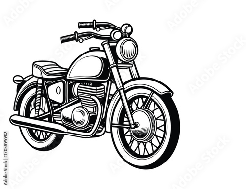 Black and white classic motorcycle on white background