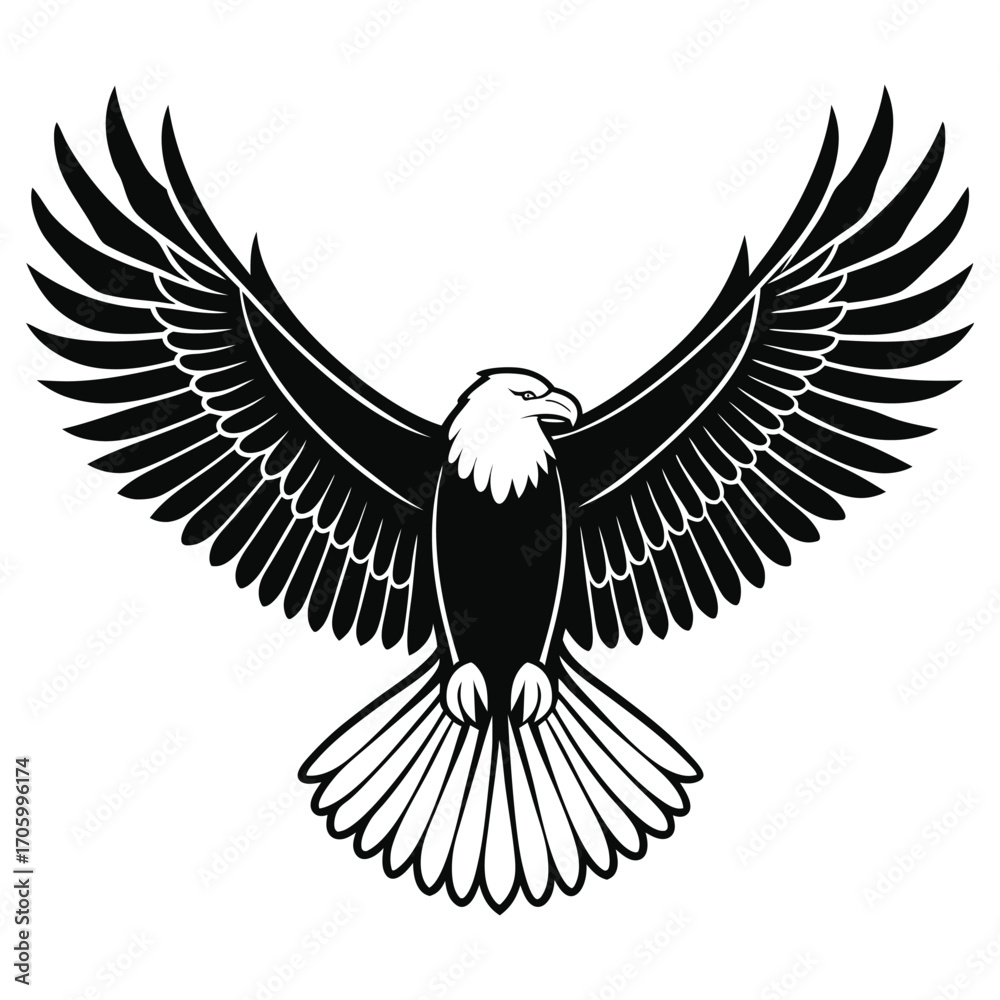 Naklejka premium Black and white soaring eagle on white background
