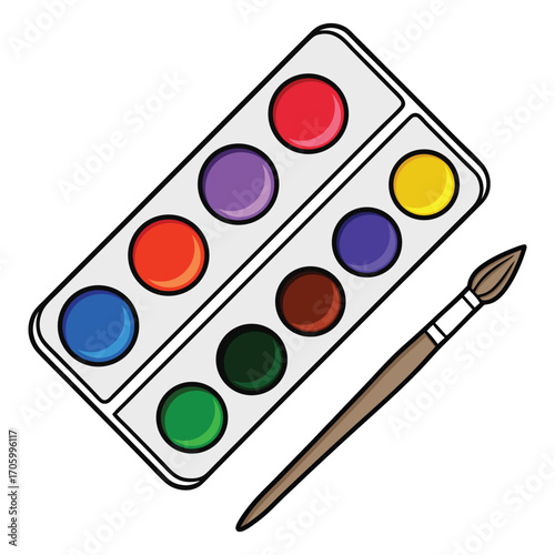 Colorful paint set with brush on white background