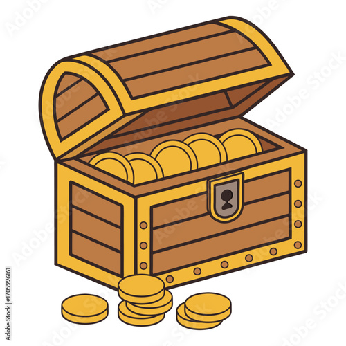Wooden chest with gold coins on white background