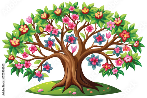 Whimsical Tree with Colorful Flowers and Green Leaves A Cheerful Cartoon Illustration of Nature's Beauty and Joyful Springtime