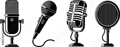 Microphone vector illustration set featuring vintage, dynamic, ribbon, and condenser styles in black-and-white audio equipment design