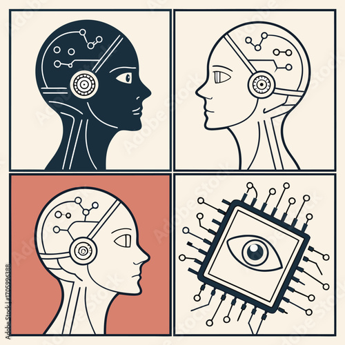 Cybernetic human faces and a central processing unit are displayed across four panels