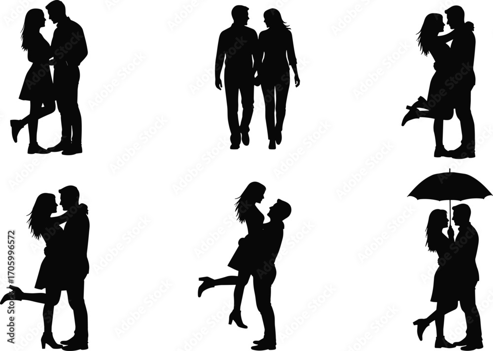 Fototapeta premium Romantic couple silhouette vector set featuring affectionate poses including hugging, walking, kissing, and umbrella scene in black-and-white design