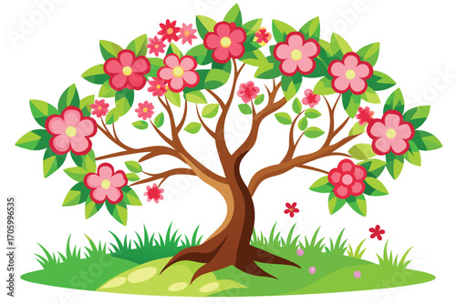 Whimsical Tree in Full Bloom a Cheerful Depiction of Springtime Beauty and Colorful Floral Abundance
