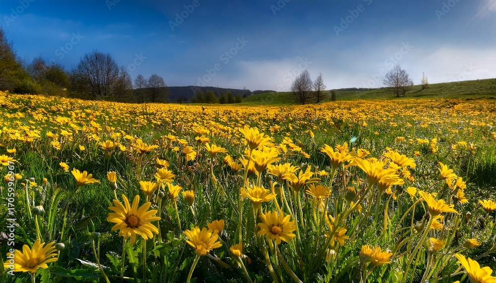 Fototapeta premium Bright Yellow Wildflowers Blooming Abundantly In A Lush Green Field During The Spring Season