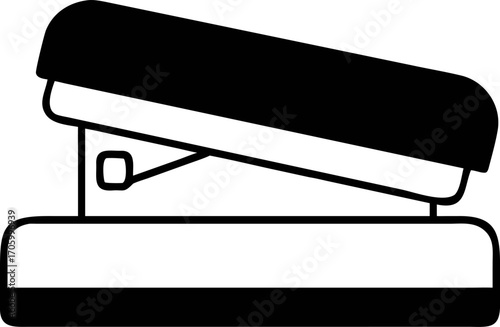A bold black and white line art vector icon of a classic office stapler for business. Isolated graphic design element for stationery. 