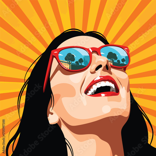 Pop art illustration of a joyful woman in red sunglasses looking up at the sun.