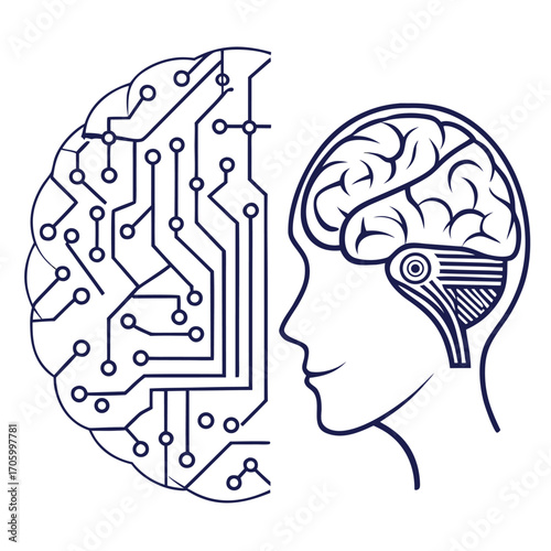 Line art depicts a brain with circuitry and the side profile of human face