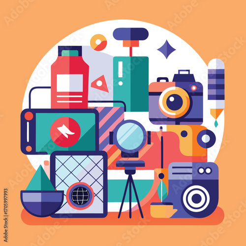 Modern photography studio branding elements including logo business card and stationery designs with vibrant color accents