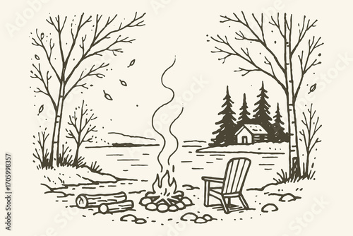 Autumn lakeside campfire scene vintage sketch vector illustration