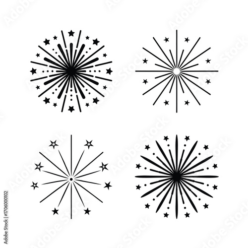 Four black and white firework starburst illustrations