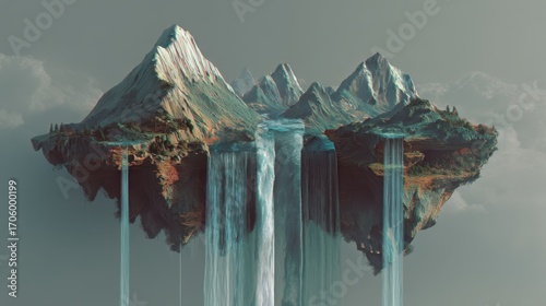 Majestic floating mountains with waterfalls fantasy landscape digital art surreal environment aerial view nature concept