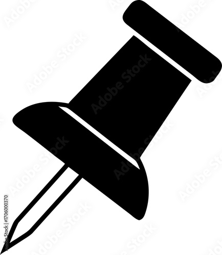 Black pushpin icon vector illustration. Simple silhouette of a thumbtack for office supplies or map marker. Isolated design element