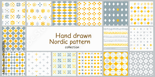 Collection of hand drawn nordic style seamless patterns in yellow grey and white for design