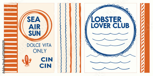 Nautical themed artwork featuring sea air sun and lobster lover club with italian phrases
