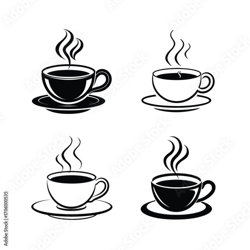 Four cups of coffee with steam in black and white