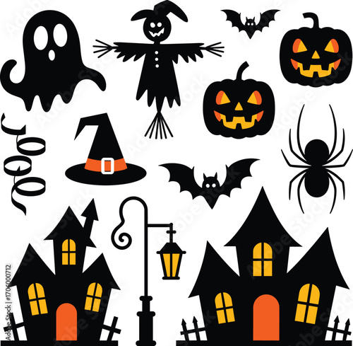 Flat vector illustration of Halloween icons with haunted houses, glowing jack-o-lanterns, witches hats, spooky ghosts, bats, spiders, scarecrow, street lamp, festive Halloween symbols
