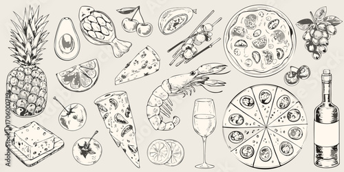 Hand drawn sketch of a delicious food and drink assortment including pizza cheese shrimp wine and fruits