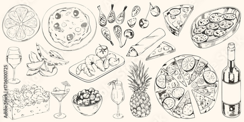 Collection of hand drawn food and drink items including pizza shrimp fruit and wine